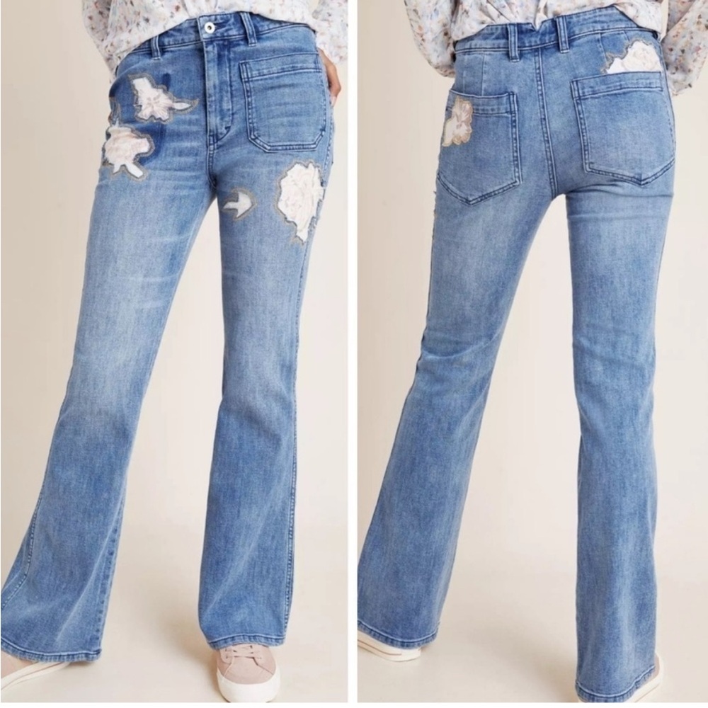 PILCRO x Anthropologie Jeans 31 High Rise Trouser Bootcut Floral Patch Flare